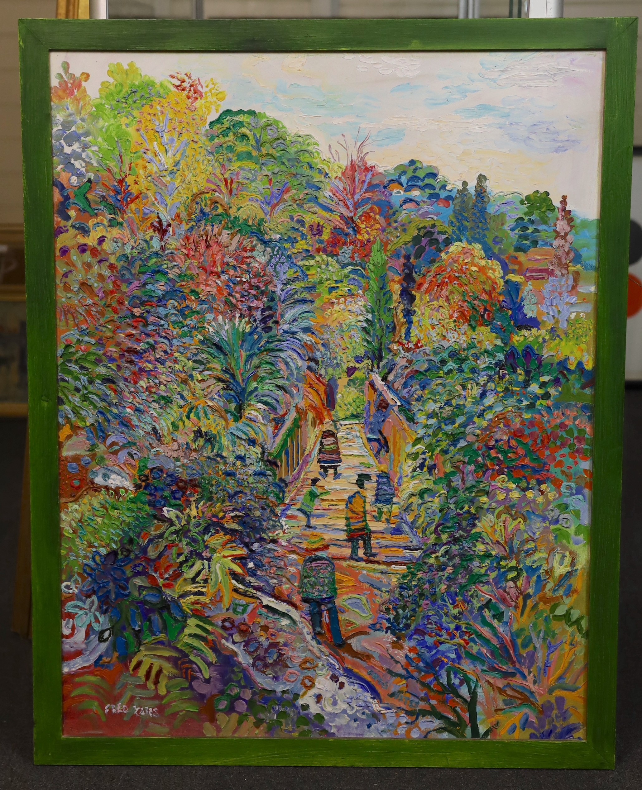 Fred Yates (British, 1922-2008), Figures on a woodland path, oil on canvas, 89 x 69cm